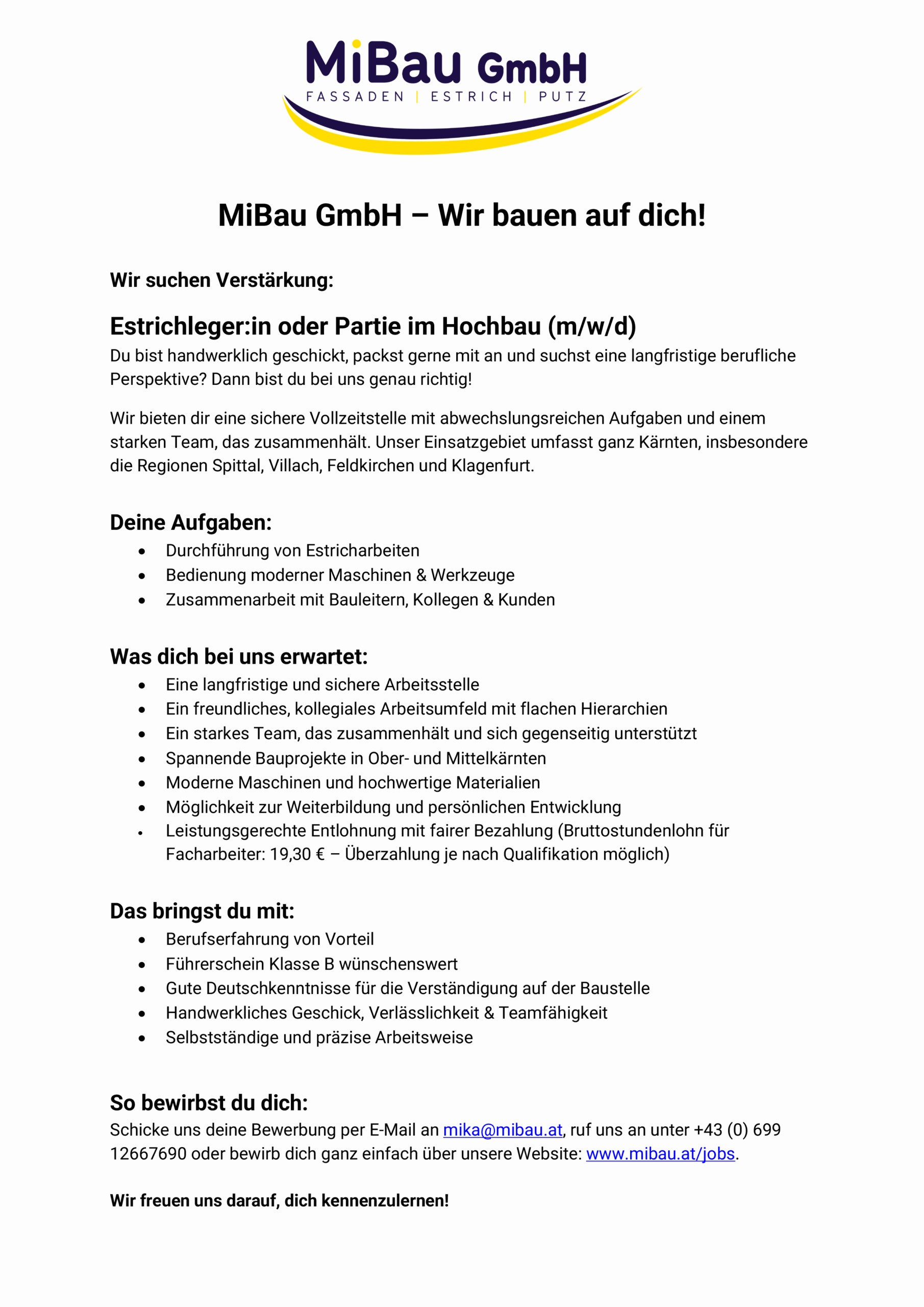 Stellenausschreibung Estrichleger oder Partie im Hochbau