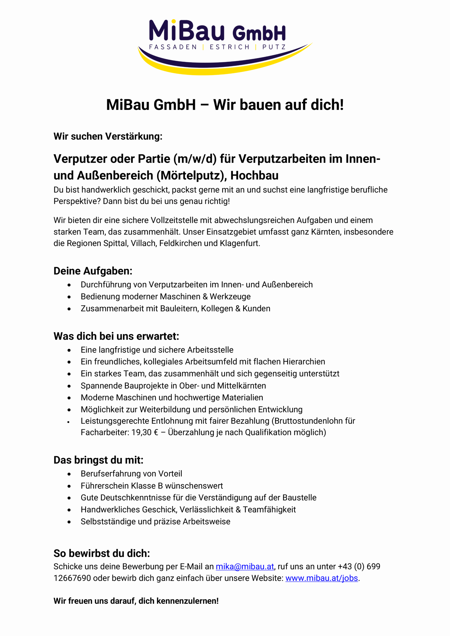 Stellenausschreibung Verputzer oder Partie für Verputzarbeiten